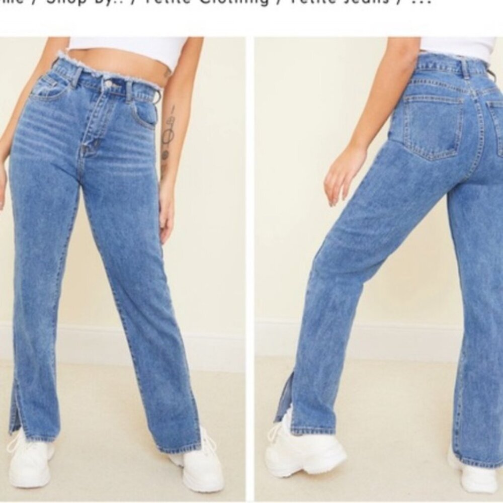Pretty Little Things NEW Tag Mid Blue Ripped Raw Waist Band Split Hem Jeans 00P